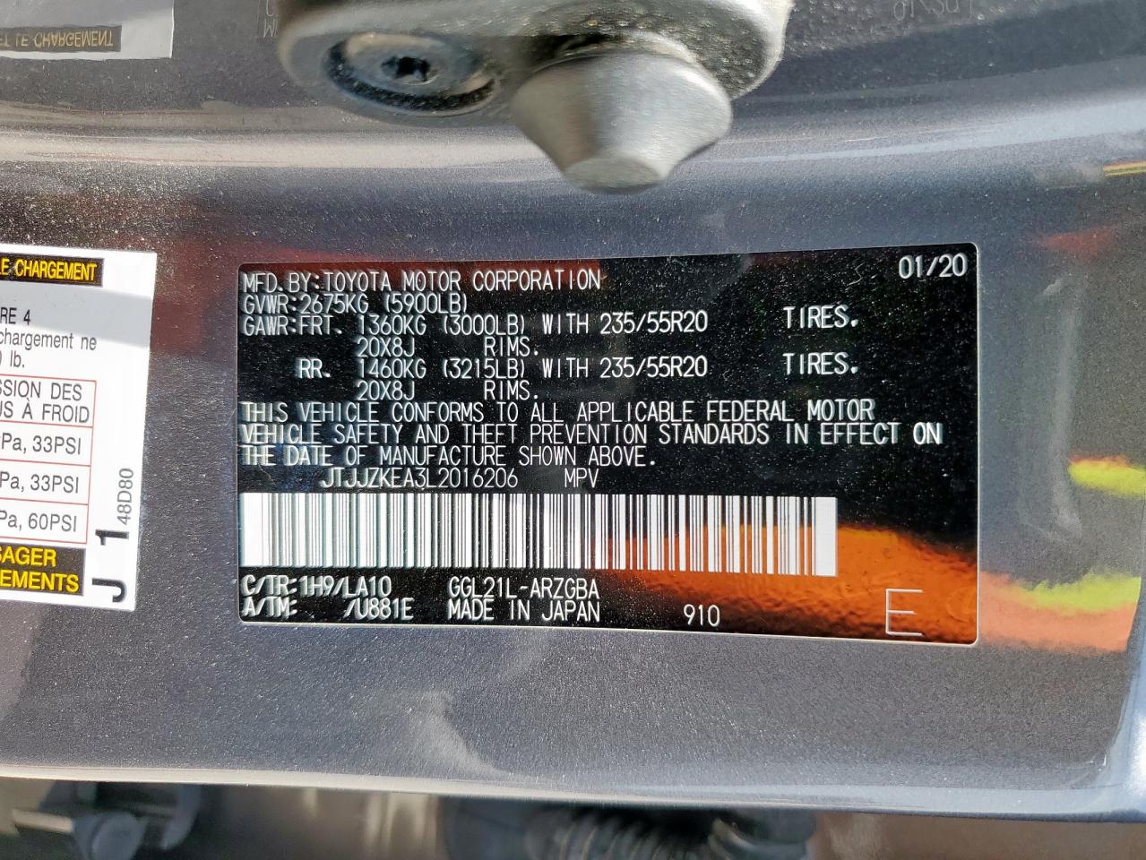 2020 Lexus Rx 350 L Luxury VIN: JTJJZKEA3L2016206 Lot: 57140385