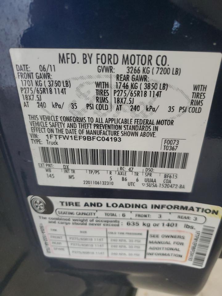 2011 Ford F150 Supercrew VIN: 1FTFW1EF9BFC04193 Lot: 58897225