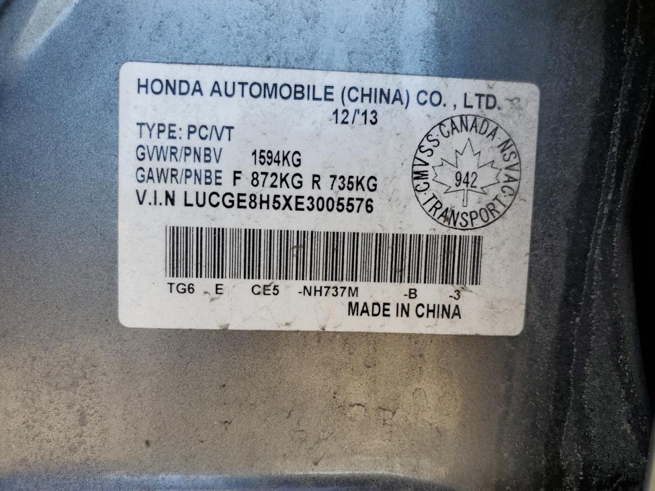2014 Honda Fit Lx VIN: LUCGE8H5XE3005576 Lot: 56978835