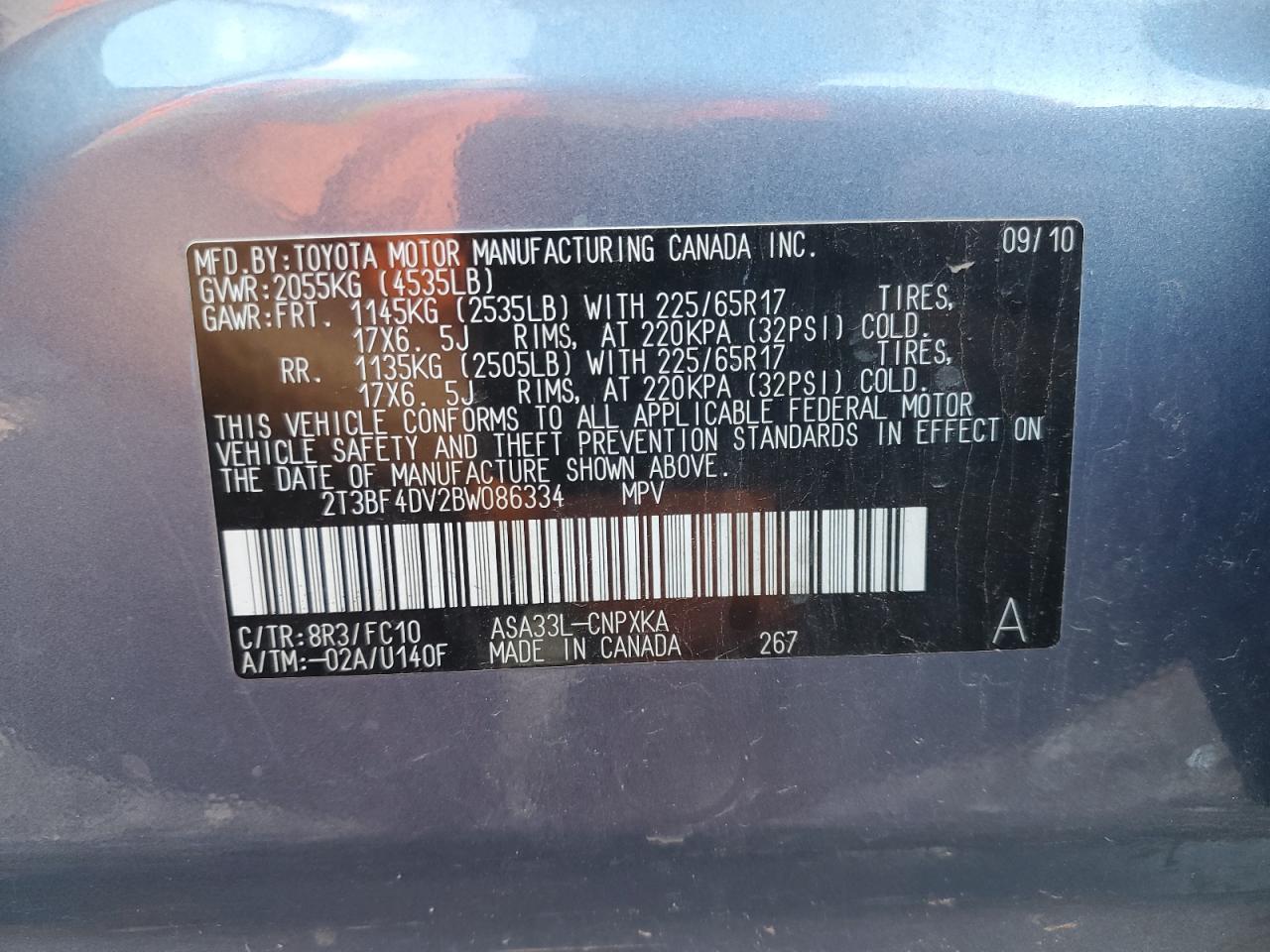 2011 Toyota Rav4 VIN: 2T3BF4DV2BW086334 Lot: 58871385