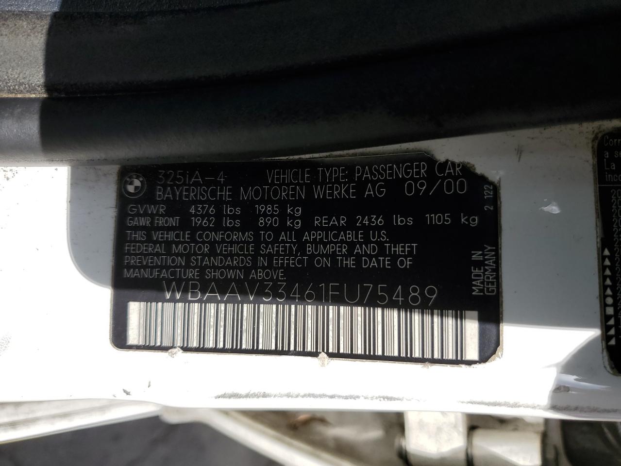 2001 BMW 325 I VIN: WBAAV33461FU75489 Lot: 56915185