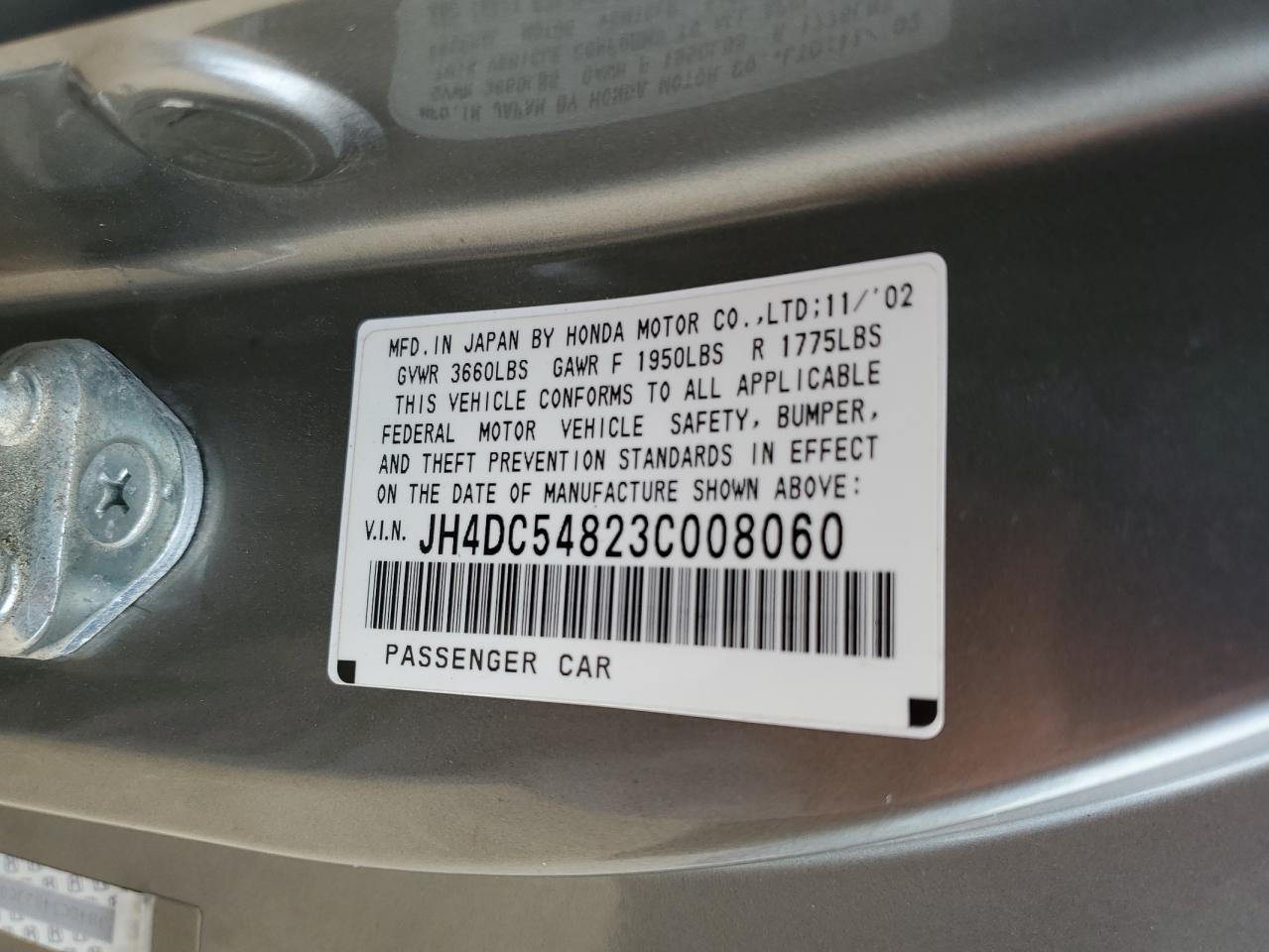 2003 Acura Rsx VIN: JH4DC54823C008060 Lot: 56188205