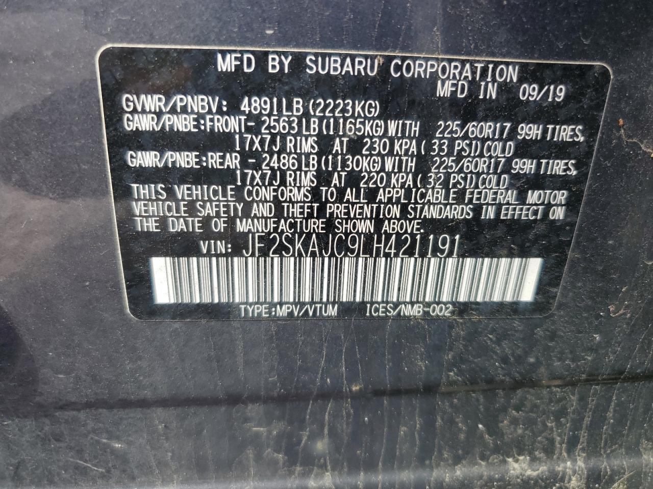 2020 Subaru Forester Premium VIN: JF2SKAJC9LH421191 Lot: 56479275