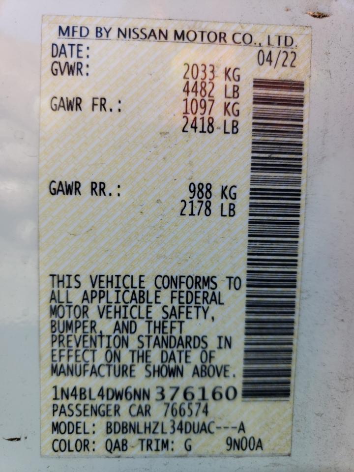 2022 Nissan Altima Sv VIN: 1N4BL4DW6NN376160 Lot: 55119665