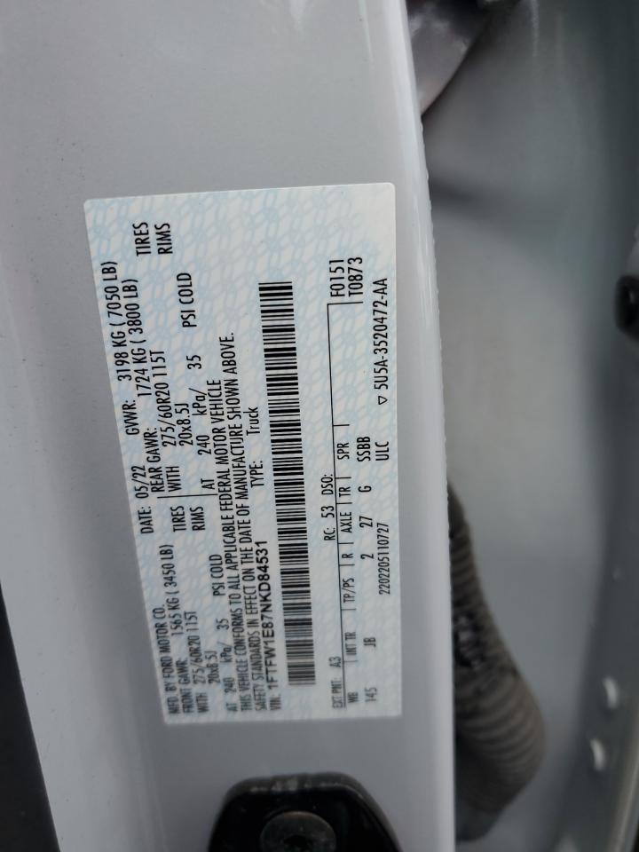 2022 Ford F150 Supercrew VIN: 1FTFW1E87NKD84531 Lot: 56495765