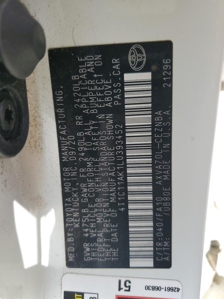 2020 Toyota Camry Le VIN: 4T1C11AK1LU393452 Lot: 57650195