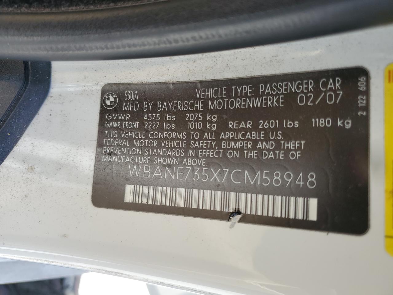 2007 BMW 530 I VIN: WBANE735X7CM58948 Lot: 57628395