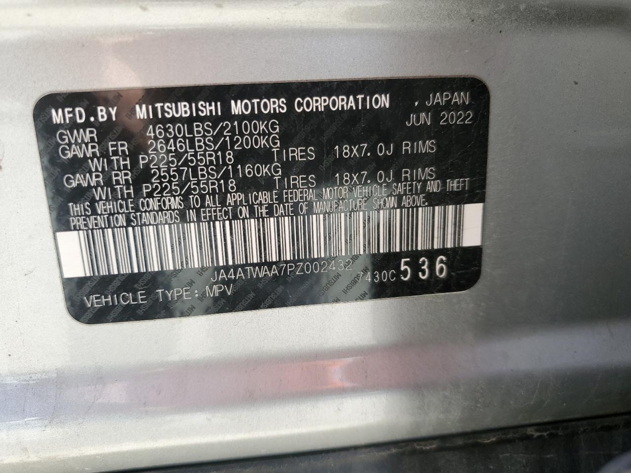 2023 Mitsubishi Eclipse Cross Se VIN: JA4ATWAA7PZ002432 Lot: 55786385