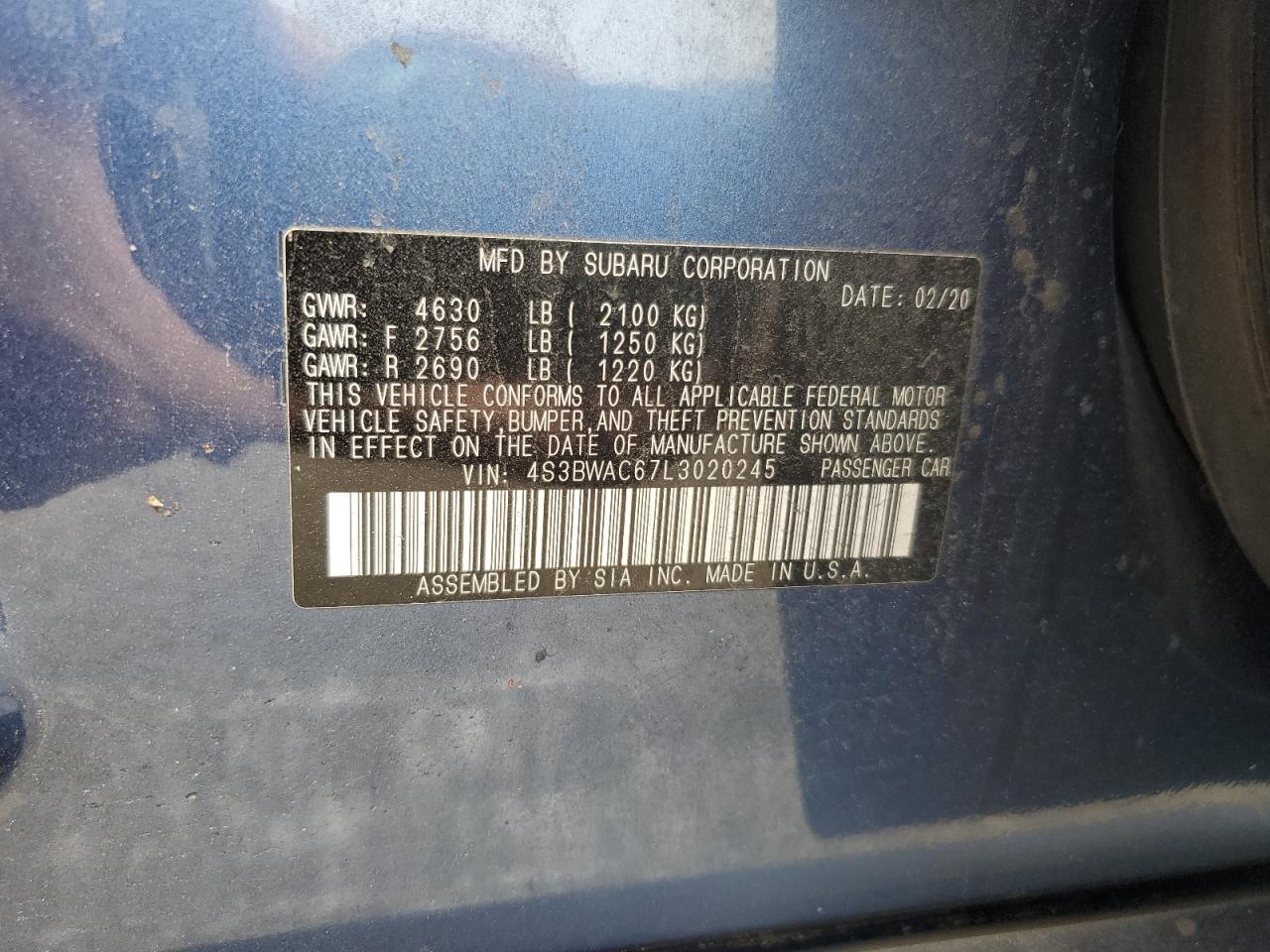 2020 Subaru Legacy Premium VIN: 4S3BWAC67L3020245 Lot: 56499635