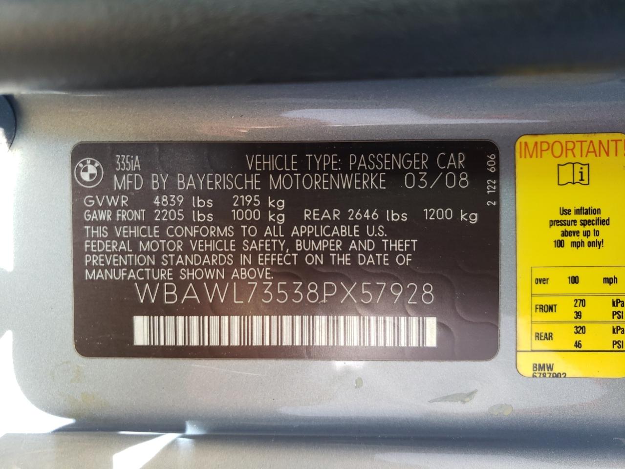 2008 BMW 335 I VIN: WBAWL73538PX57928 Lot: 55660685