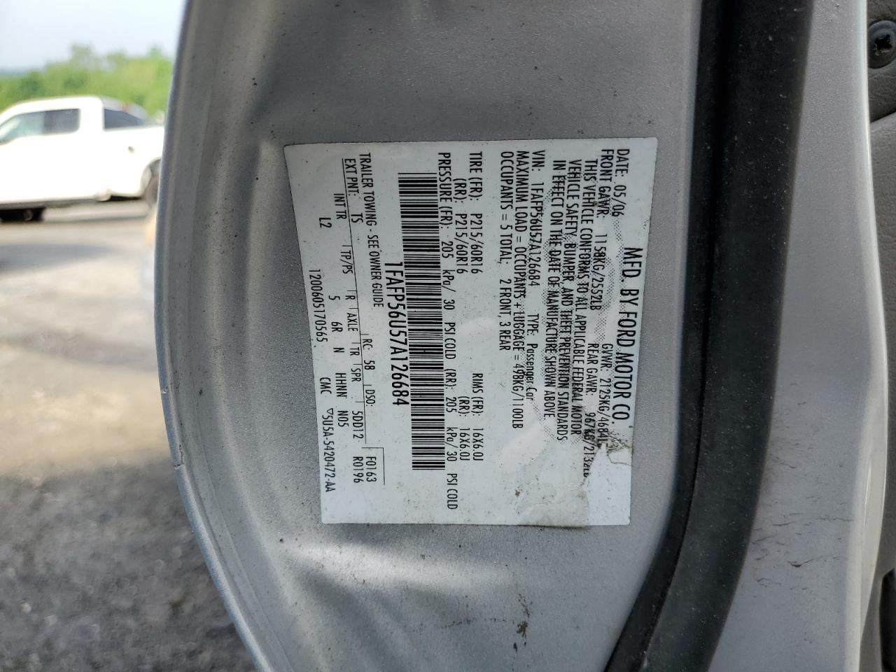 2007 Ford Taurus Sel VIN: 1FAFP56U57A126684 Lot: 57342035