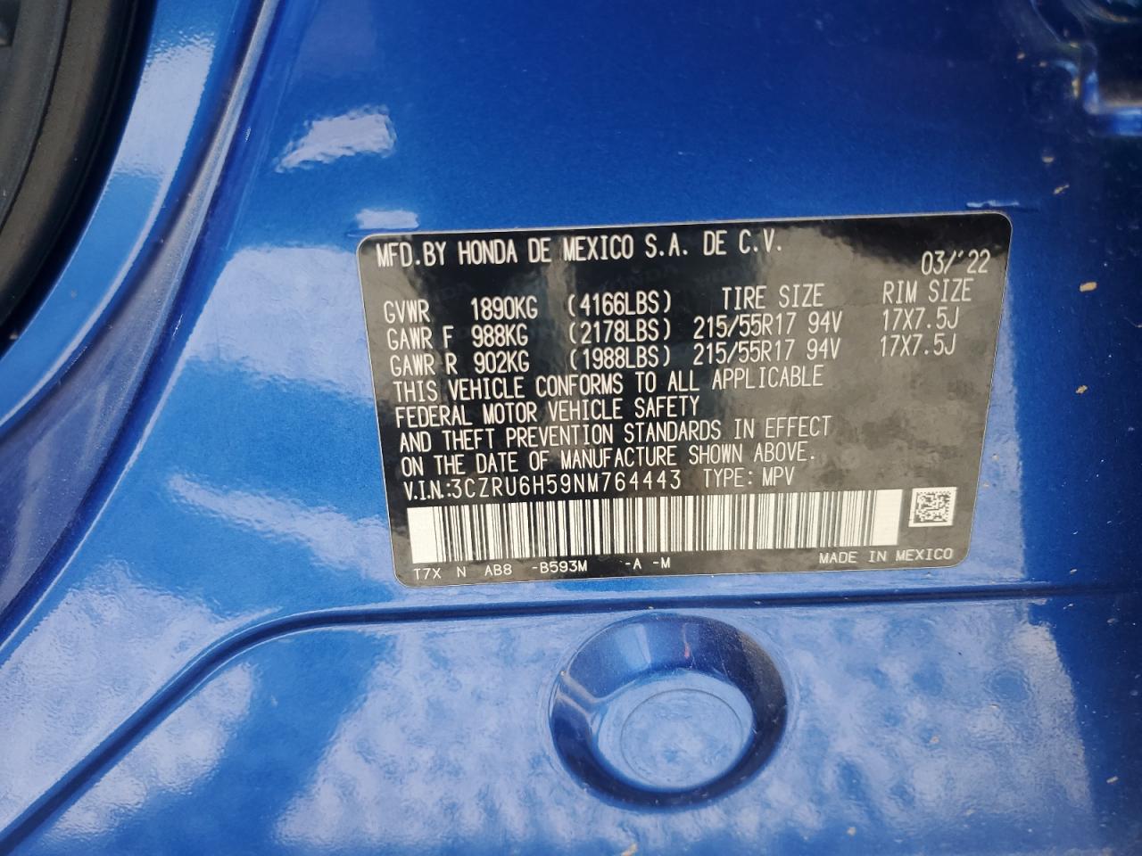 2022 Honda Hr-V Ex VIN: 3CZRU6H59NM764443 Lot: 56939885