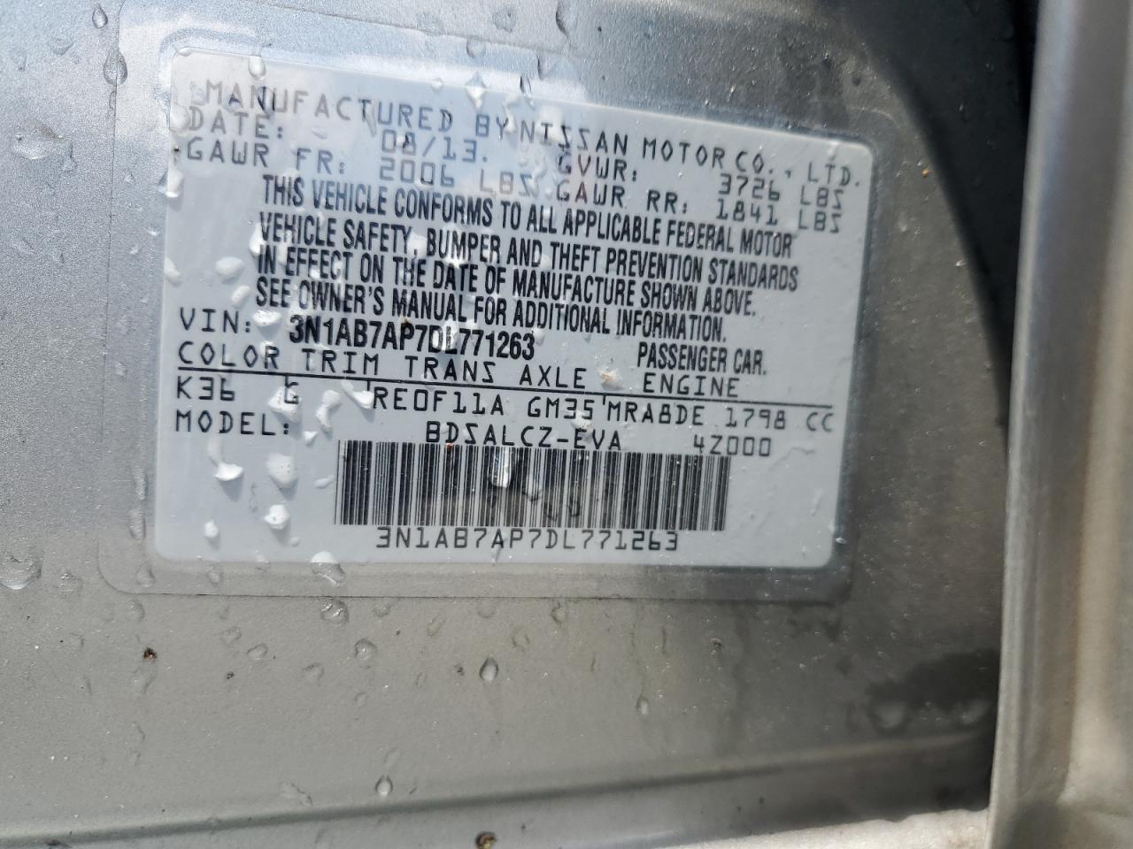 2013 Nissan Sentra S VIN: 3N1AB7AP7DL771263 Lot: 57076255