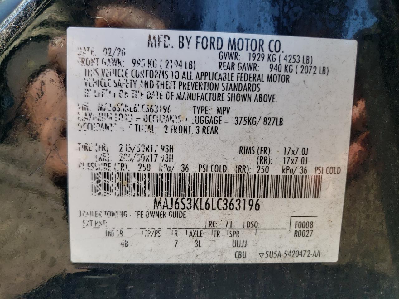 2020 Ford Ecosport Titanium VIN: MAJ6S3KL6LC363196 Lot: 58358745