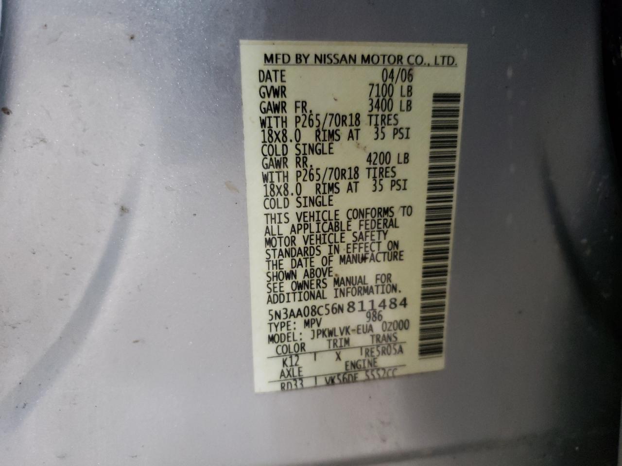 2006 Infiniti Qx56 VIN: 5N3AA08C56N811484 Lot: 56364855