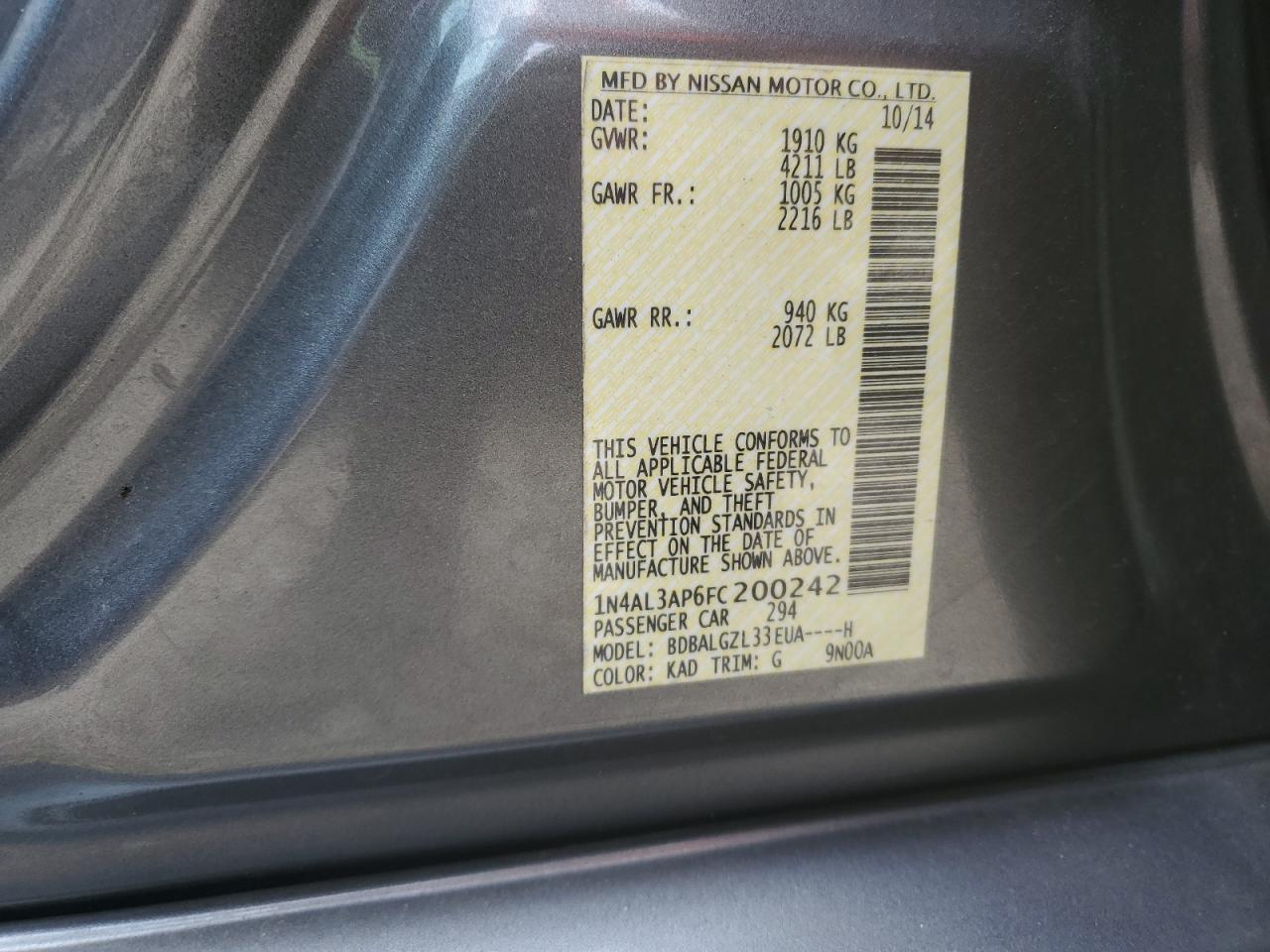 2015 Nissan Altima 2.5 VIN: 1N4AL3AP6FC200242 Lot: 57085685