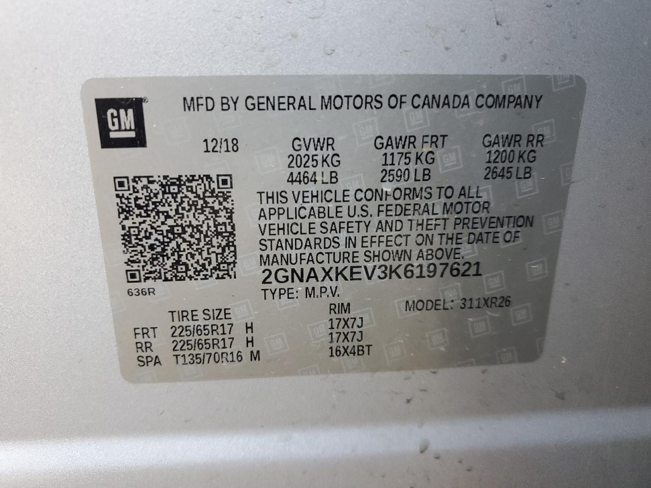 2019 Chevrolet Equinox Lt VIN: 2GNAXKEV3K6197621 Lot: 56854335