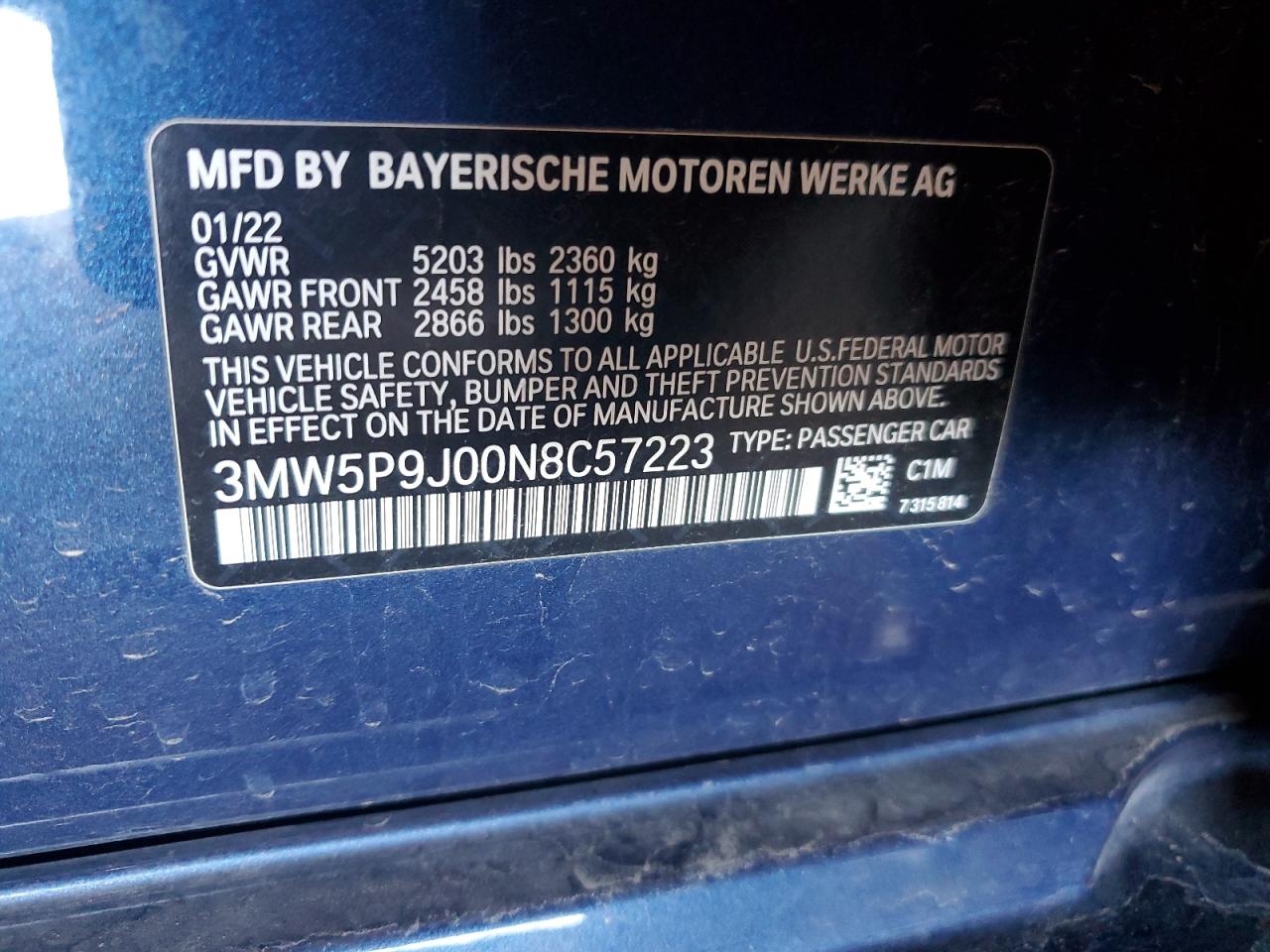 2022 BMW 330Xe VIN: 3MW5P9J00N8C57223 Lot: 56987135