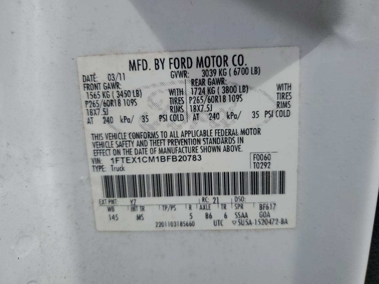 2011 Ford F150 Super Cab VIN: 1FTEX1CM1BFB20783 Lot: 55650455
