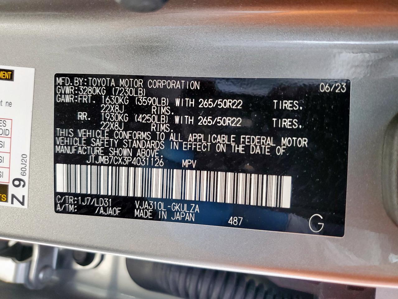 2023 Lexus Lx 600 Base VIN: JTJMB7CX3P4031126 Lot: 57044555