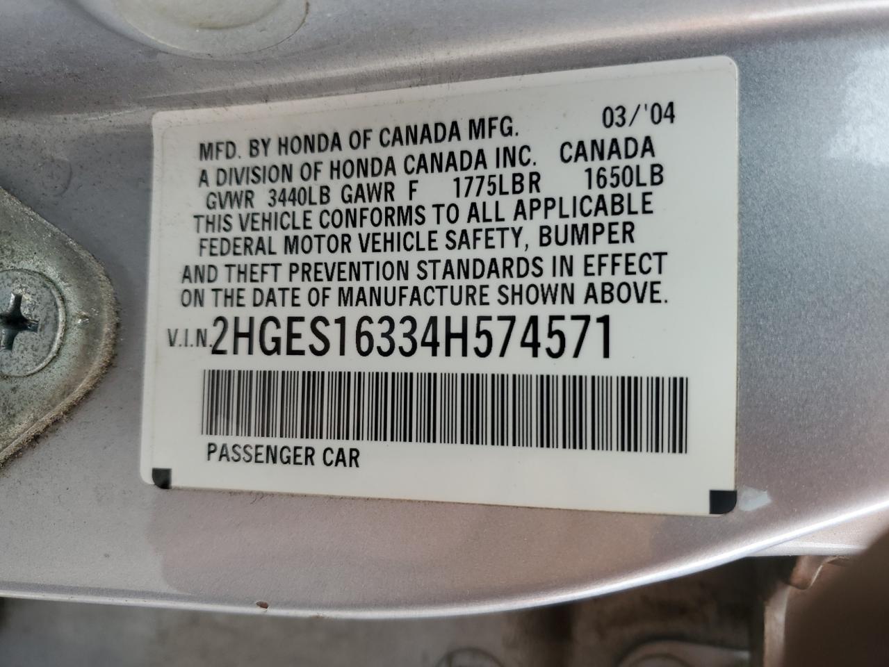 2004 Honda Civic Dx Vp VIN: 2HGES16334H574571 Lot: 56979745