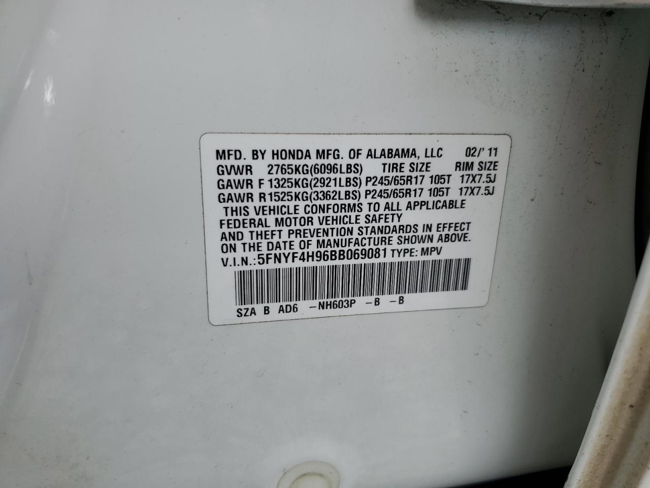 2011 Honda Pilot Touring VIN: 5FNYF4H96BB069081 Lot: 57438885