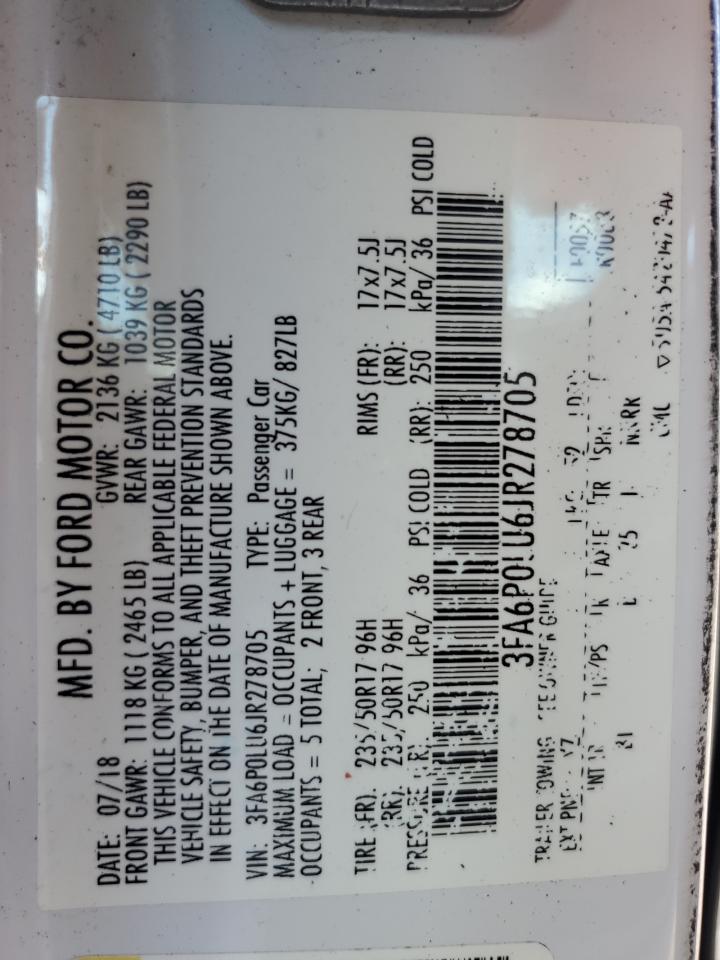 2018 Ford Fusion Se Hybrid VIN: 3FA6P0LU6JR278705 Lot: 54027715