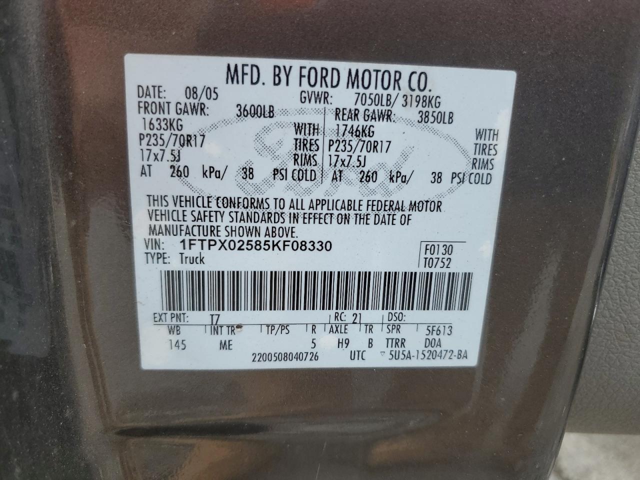 2005 Ford F150 VIN: 1FTPX02585KF08330 Lot: 58403995
