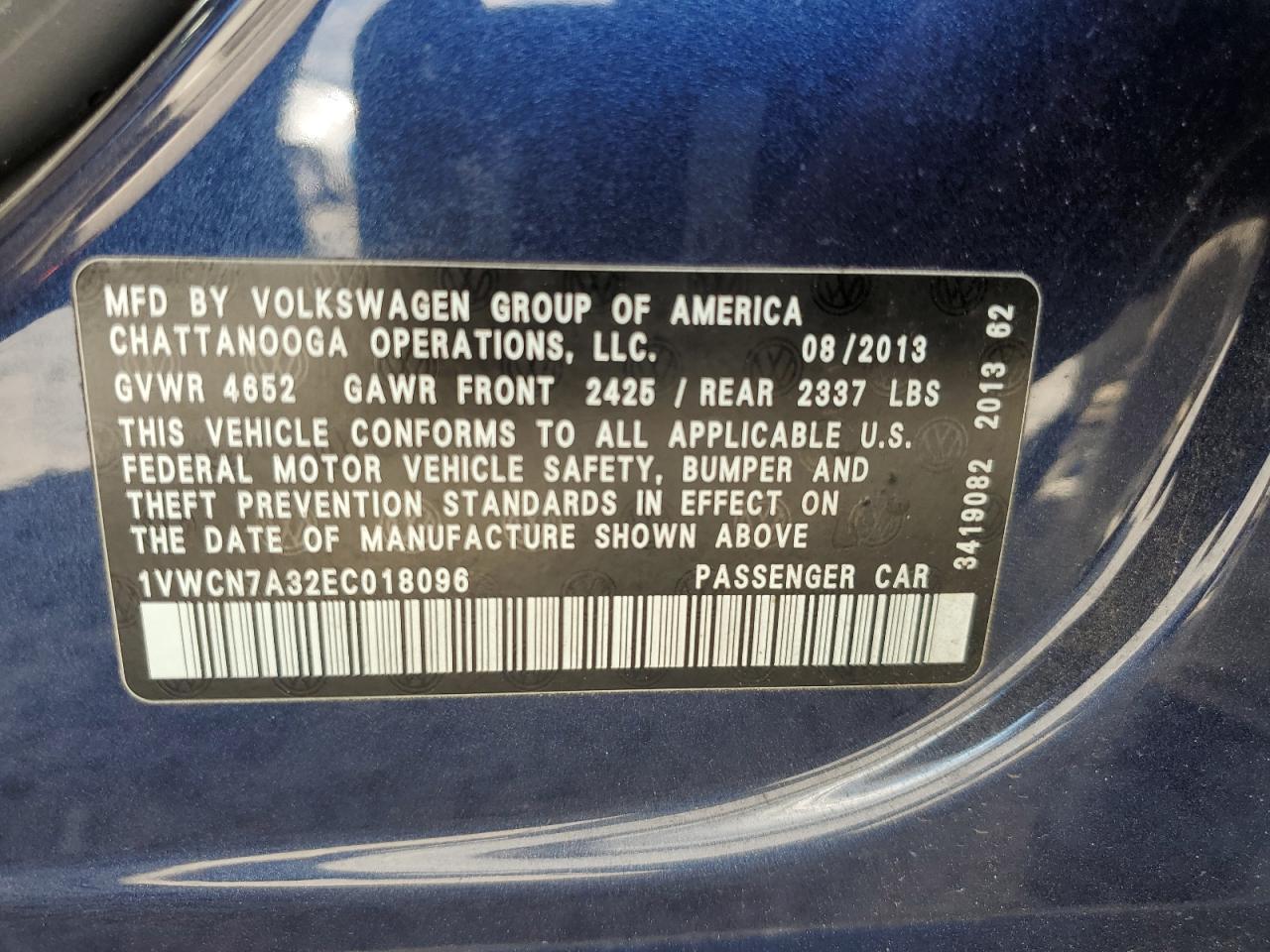 2014 Volkswagen Passat Sel VIN: 1VWCN7A32EC018096 Lot: 56972805