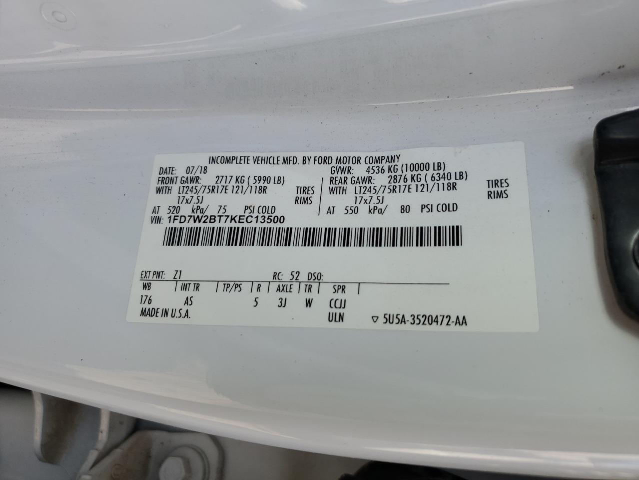 2019 Ford F250 Super Duty VIN: 1FD7W2BT7KEC13500 Lot: 57497805