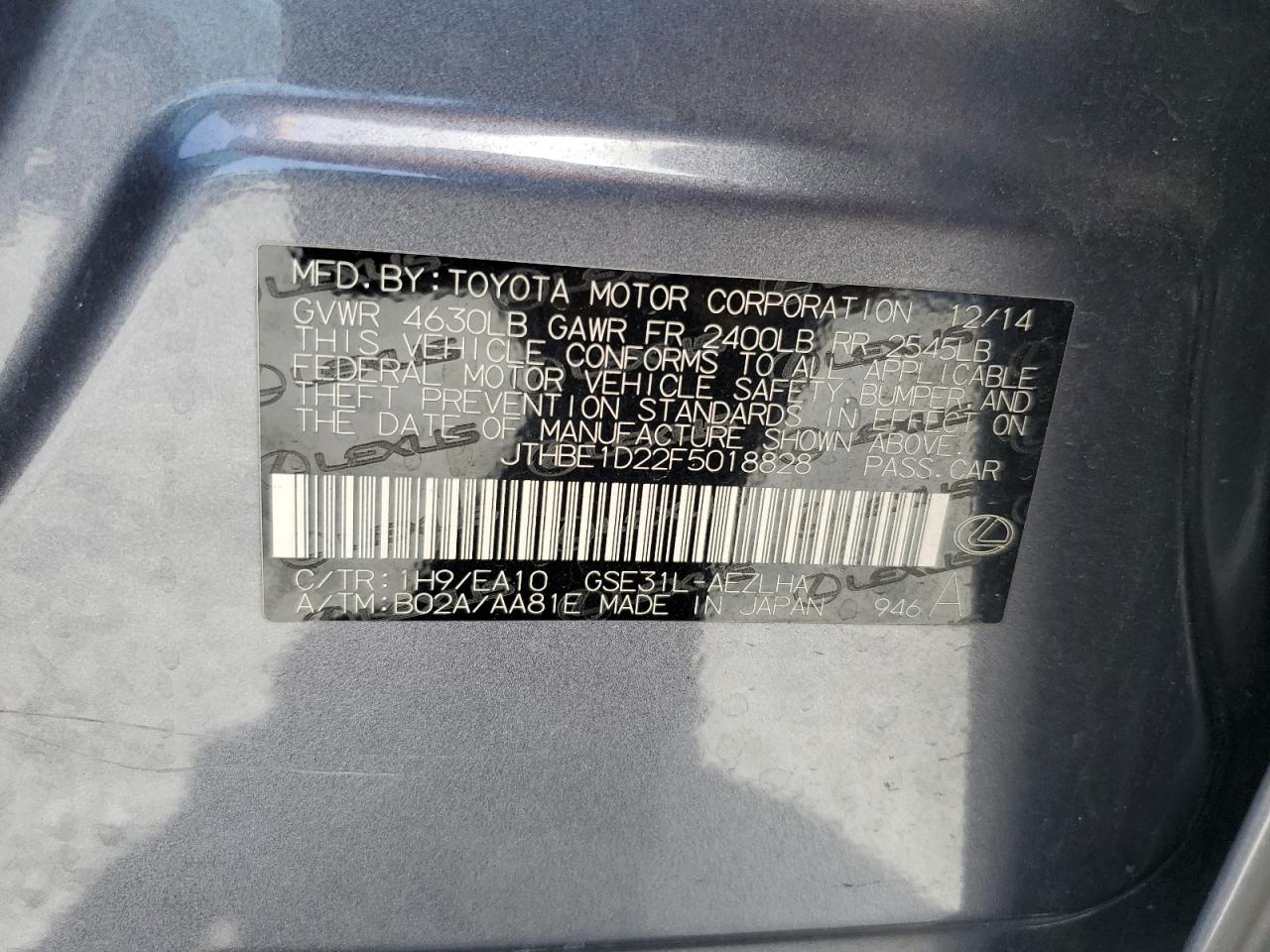 2015 Lexus Is 350 VIN: JTHBE1D22F5018828 Lot: 57232955