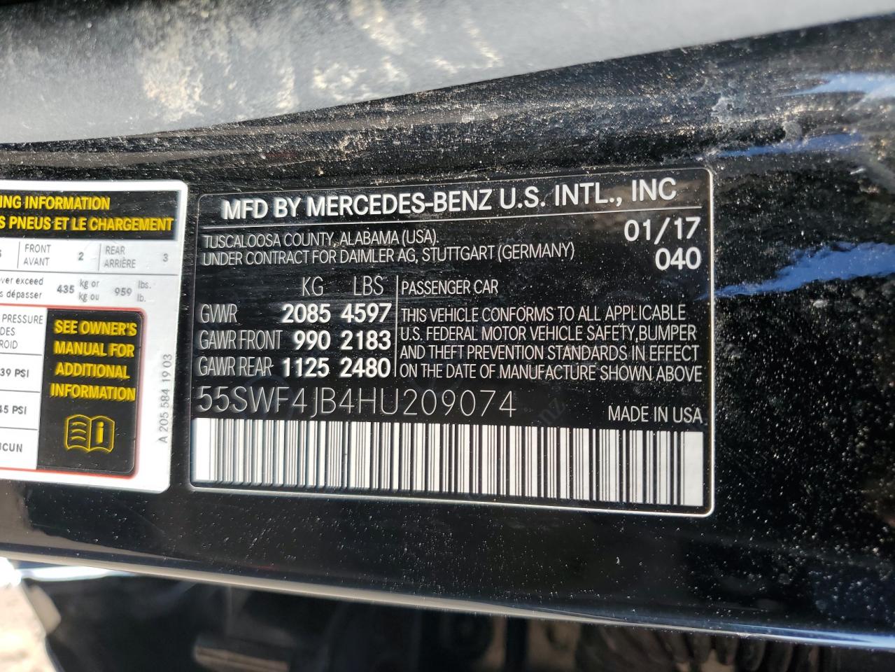 2017 Mercedes-Benz C 300 VIN: 55SWF4JB4HU209074 Lot: 57153505