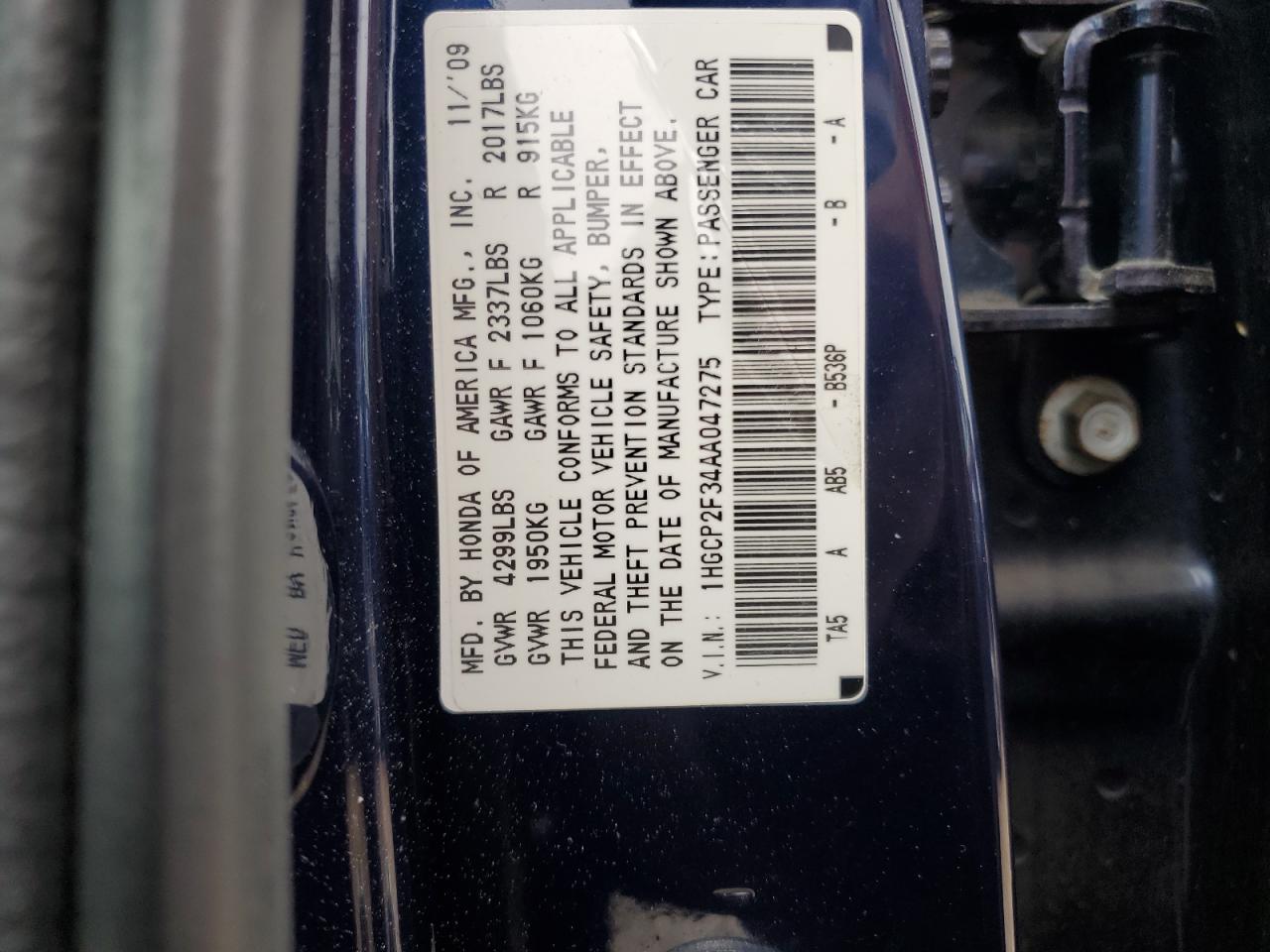 2010 Honda Accord Lx VIN: 1HGCP2F34AA047275 Lot: 56209635