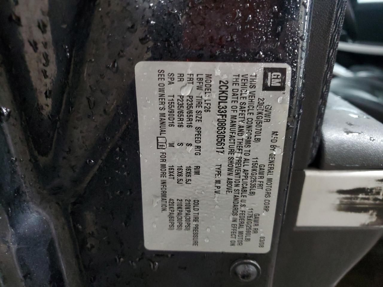 2008 Pontiac Torrent VIN: 2CKDL33F086305617 Lot: 57958695