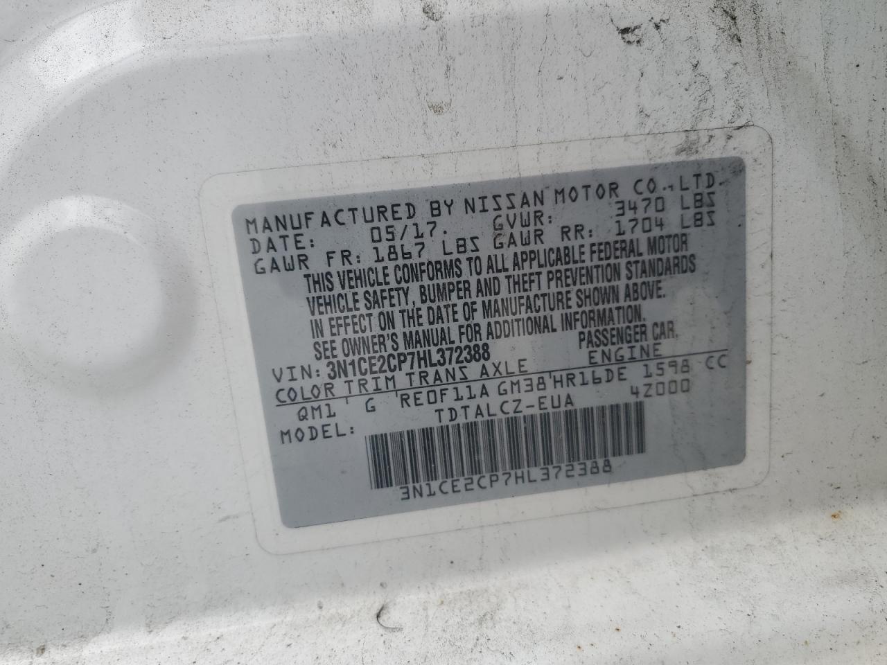 2017 Nissan Versa Note S VIN: 3N1CE2CP7HL372388 Lot: 56957865
