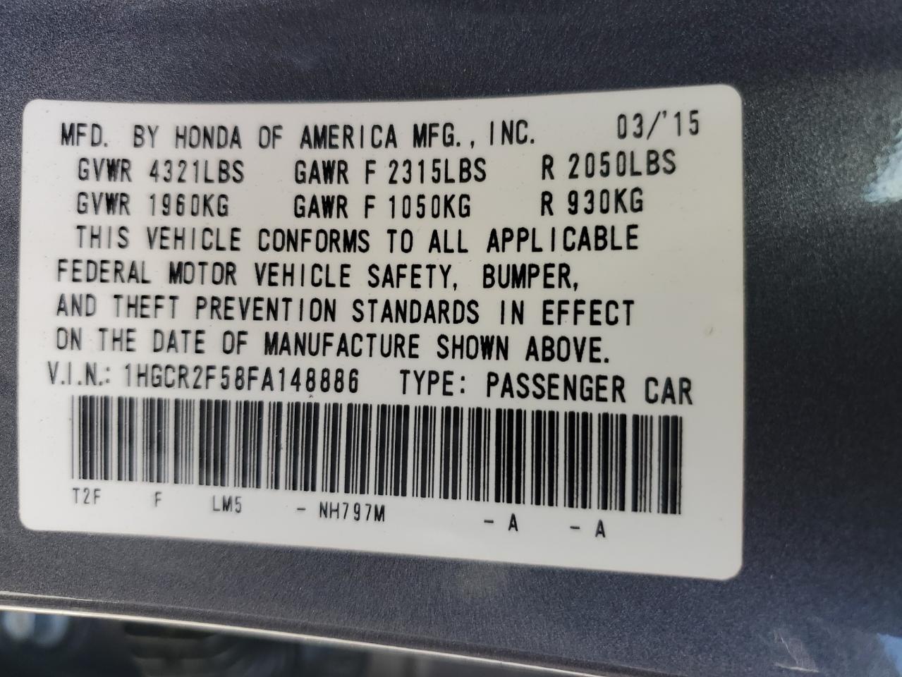 2015 Honda Accord Sport VIN: 1HGCR2F58FA148886 Lot: 56768025