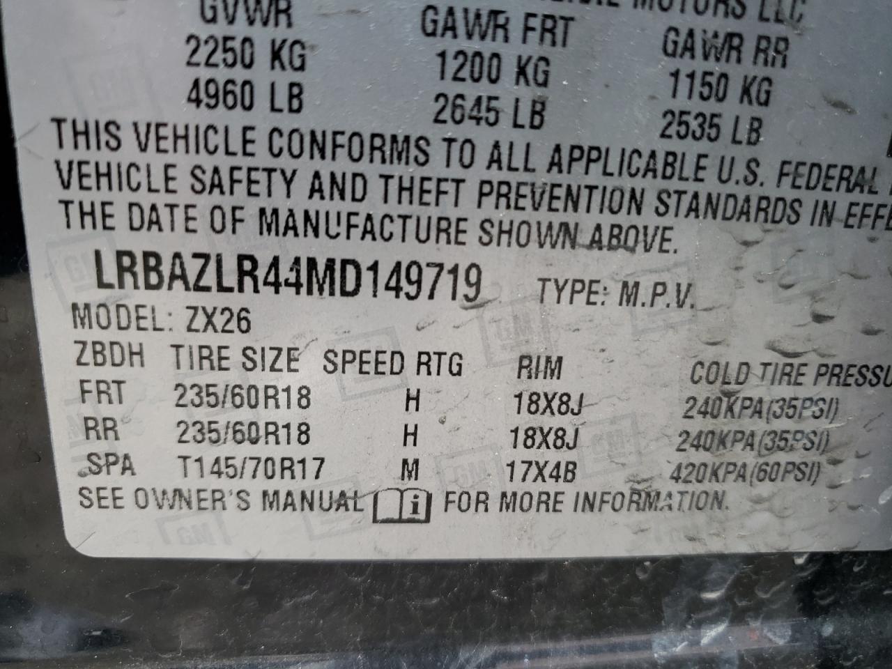 2021 Buick Envision Preferred VIN: LRBAZLR44MD149719 Lot: 57706555