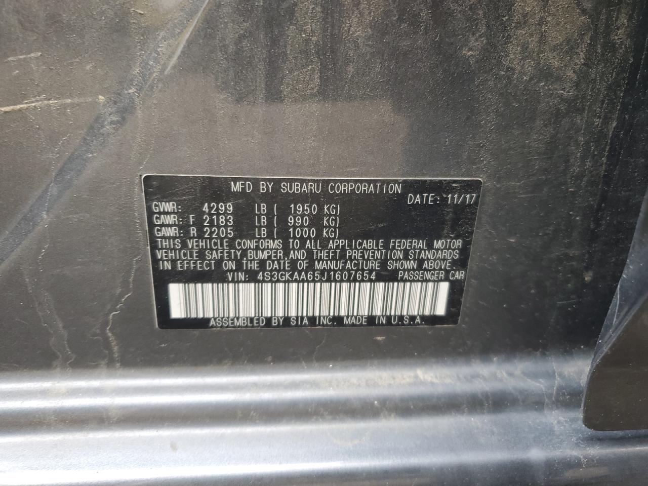 2018 Subaru Impreza VIN: 4S3GKAA65J1607654 Lot: 58768765