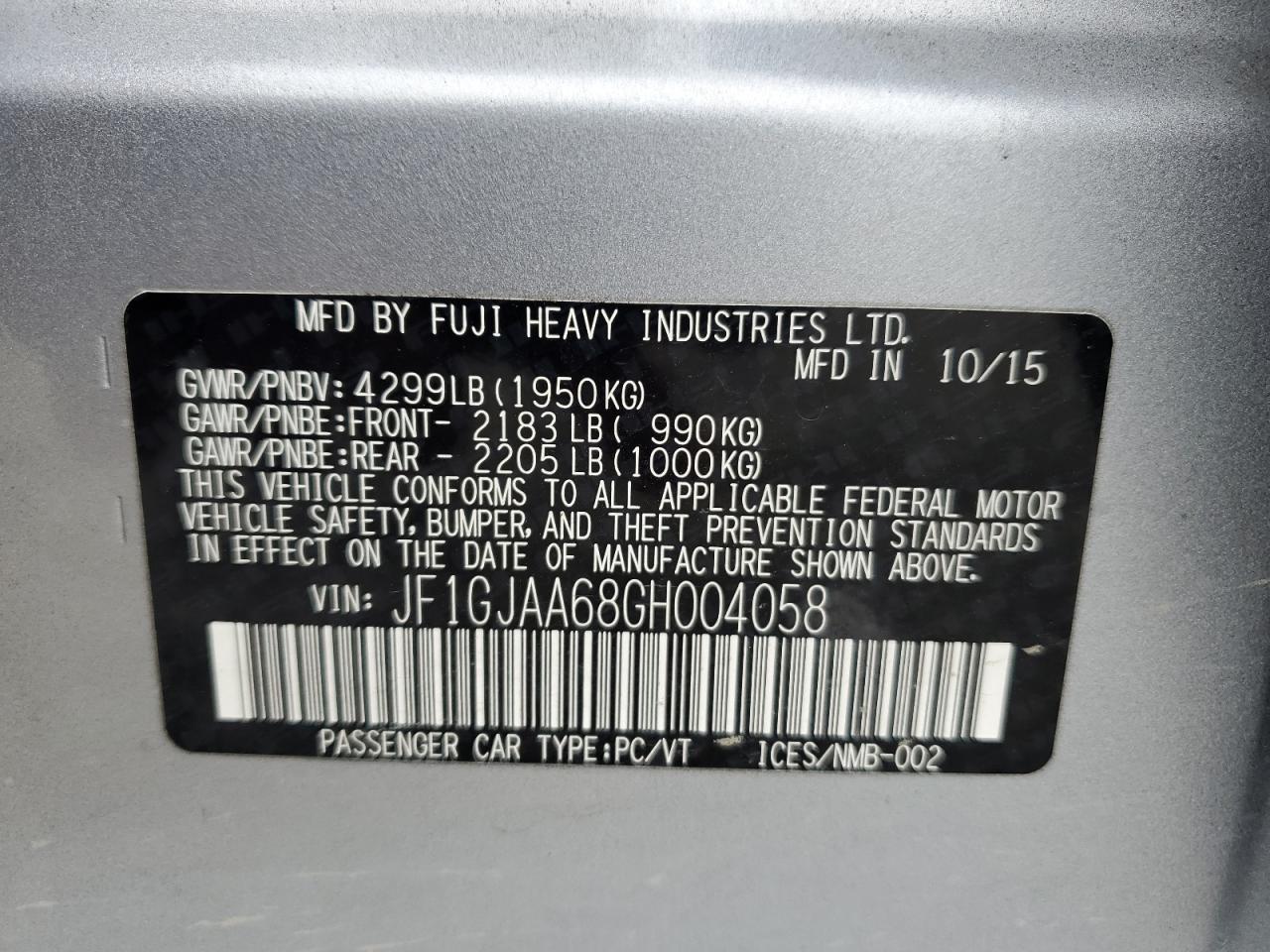 2016 Subaru Impreza VIN: JF1GJAA68GH004058 Lot: 57114045