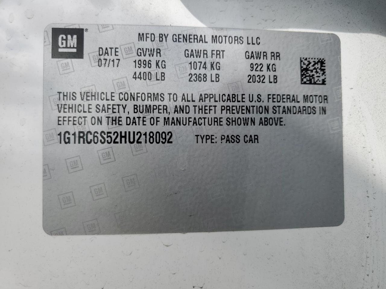 2017 Chevrolet Volt Lt VIN: 1G1RC6S52HU218092 Lot: 56799605