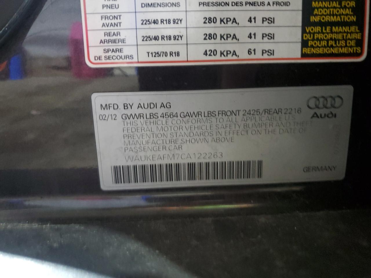 2012 Audi A3 Premium Plus VIN: WAUKEAFM7CA122263 Lot: 55980085