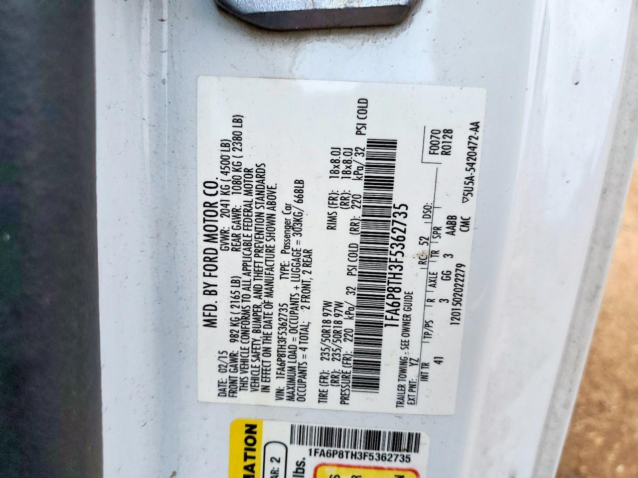 2015 Ford Mustang VIN: 1FA6P8TH3F5362735 Lot: 57320755