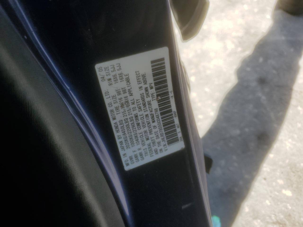 2005 Honda Cr-V Lx VIN: JHLRD78555C048798 Lot: 56505735