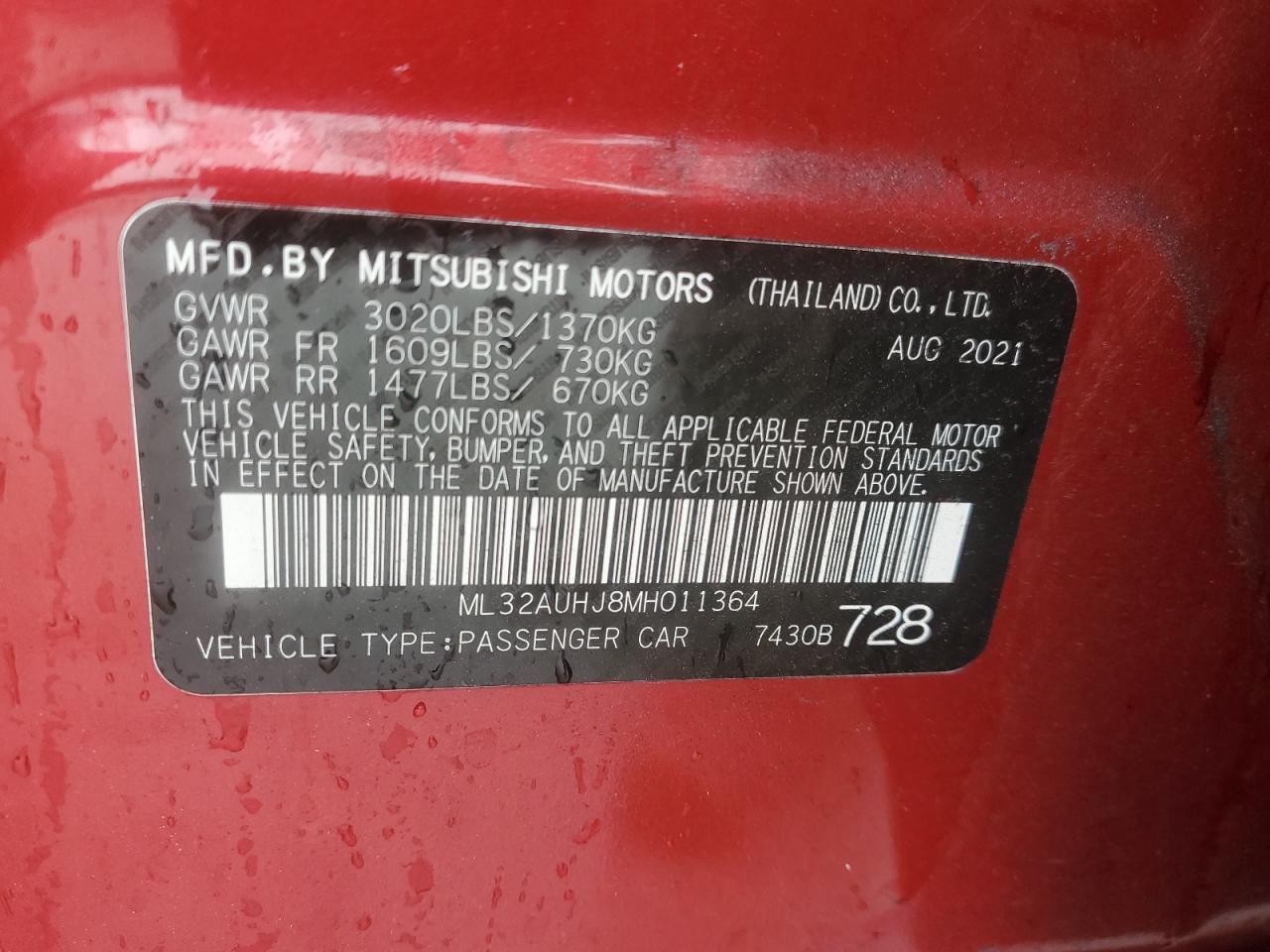 2021 Mitsubishi Mirage Es VIN: ML32AUHJ8MH011364 Lot: 56355575