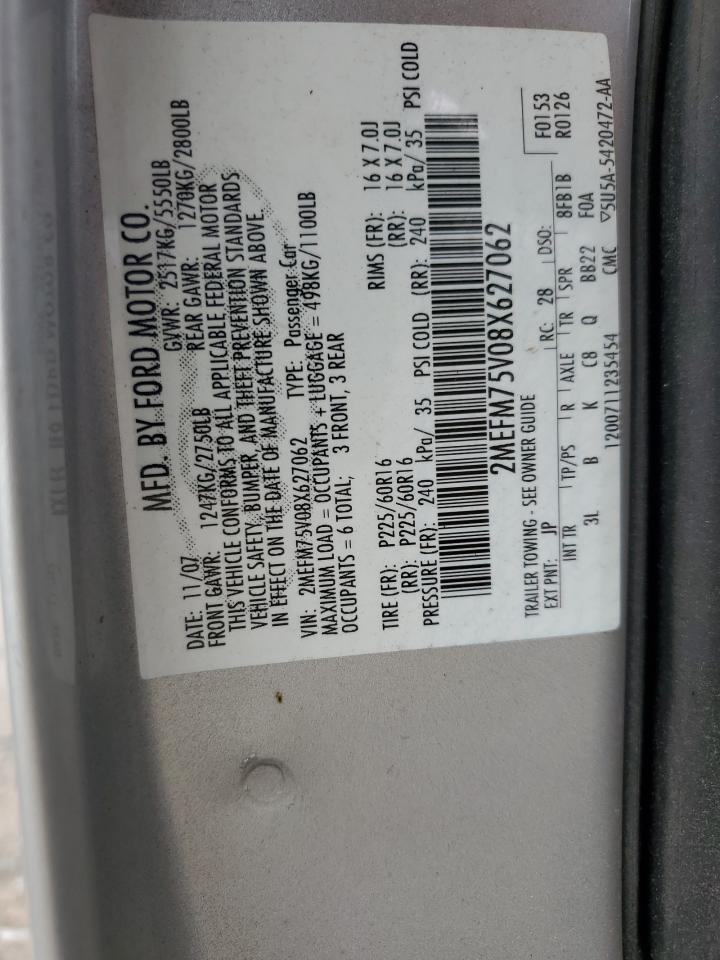 2008 Mercury Grand Marquis Ls VIN: 2MEFM75V08X627062 Lot: 57052035