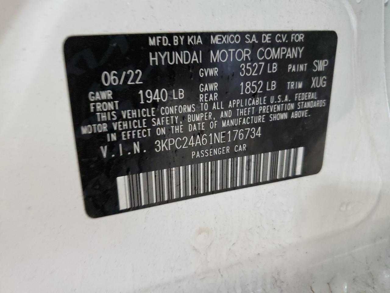 2022 Hyundai Accent Se VIN: 3KPC24A61NE176734 Lot: 55134585