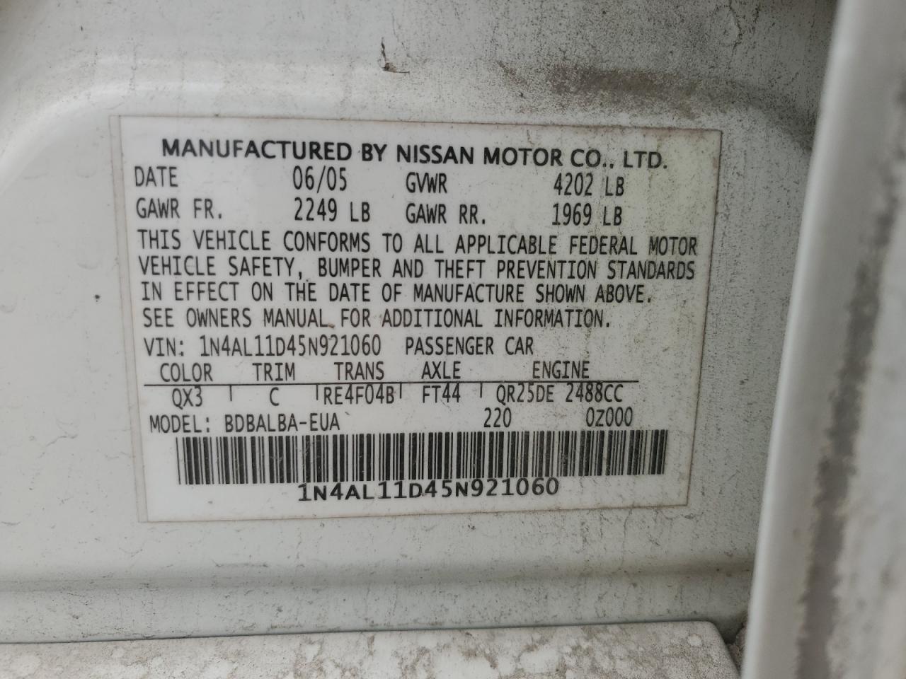 2005 Nissan Altima S VIN: 1N4AL11D45N921060 Lot: 55649895