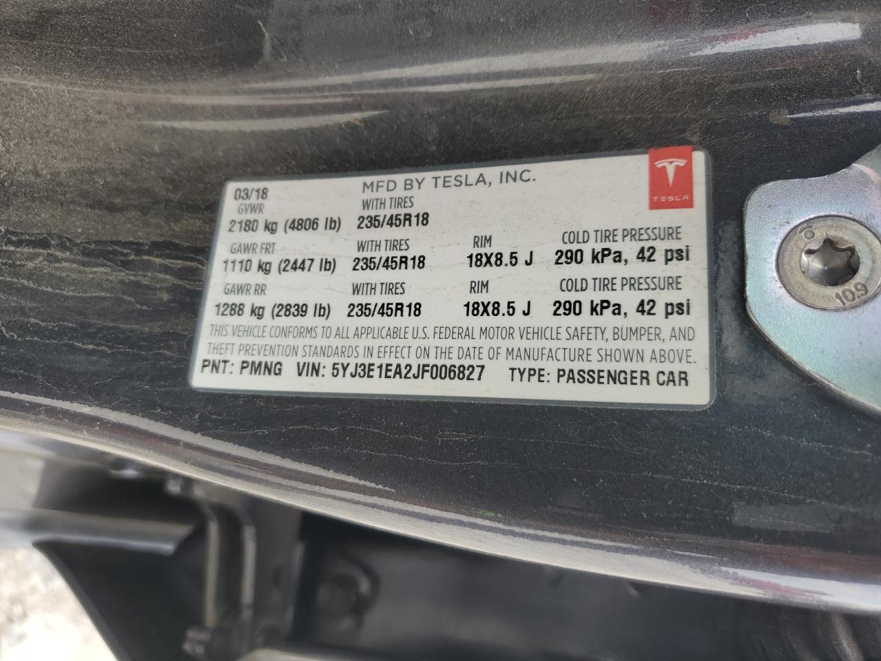 2018 Tesla Model 3 VIN: 5YJ3E1EA2JF006827 Lot: 56476765