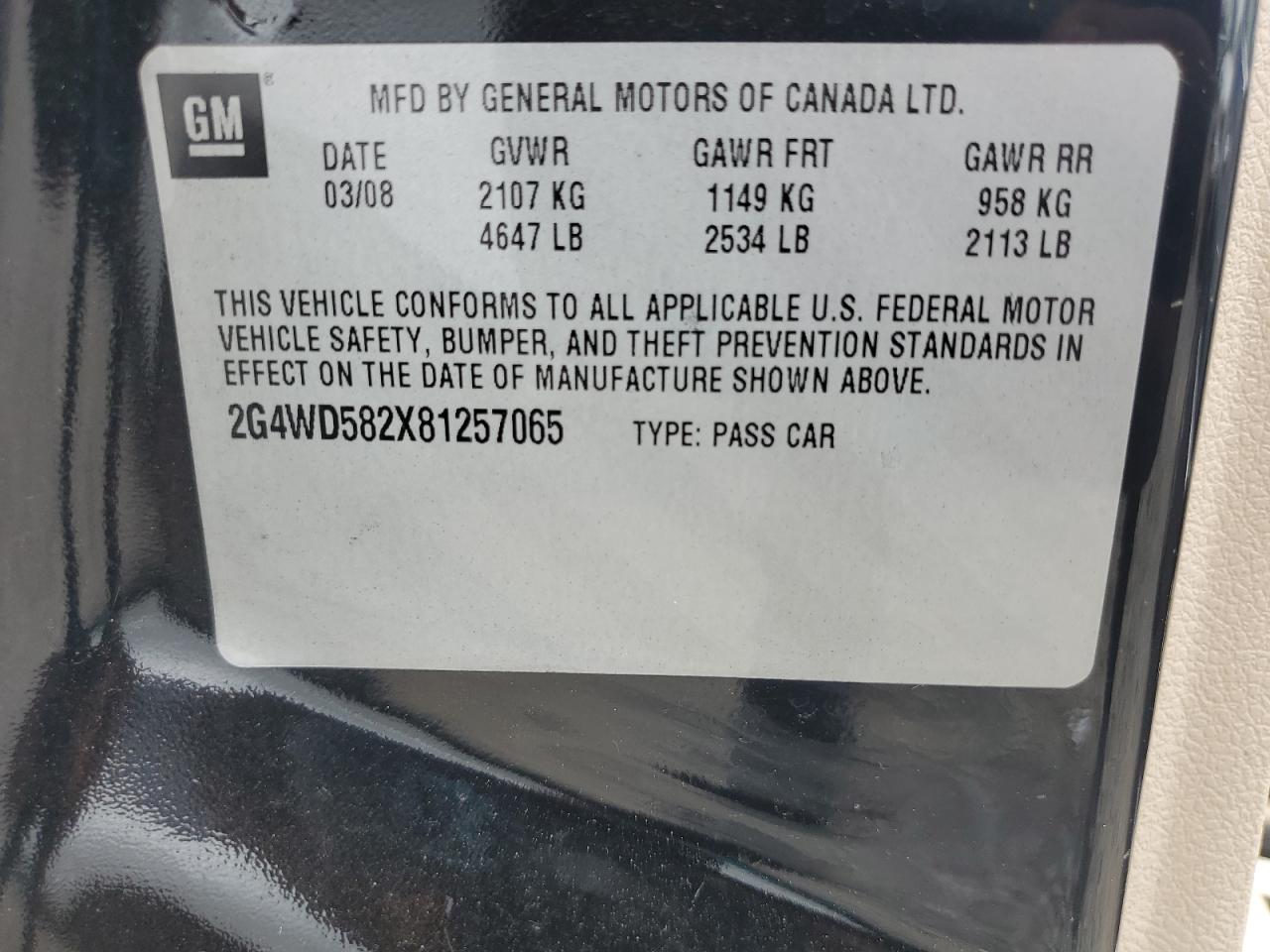 2008 Buick Lacrosse Cxl VIN: 2G4WD582X81257065 Lot: 57442535