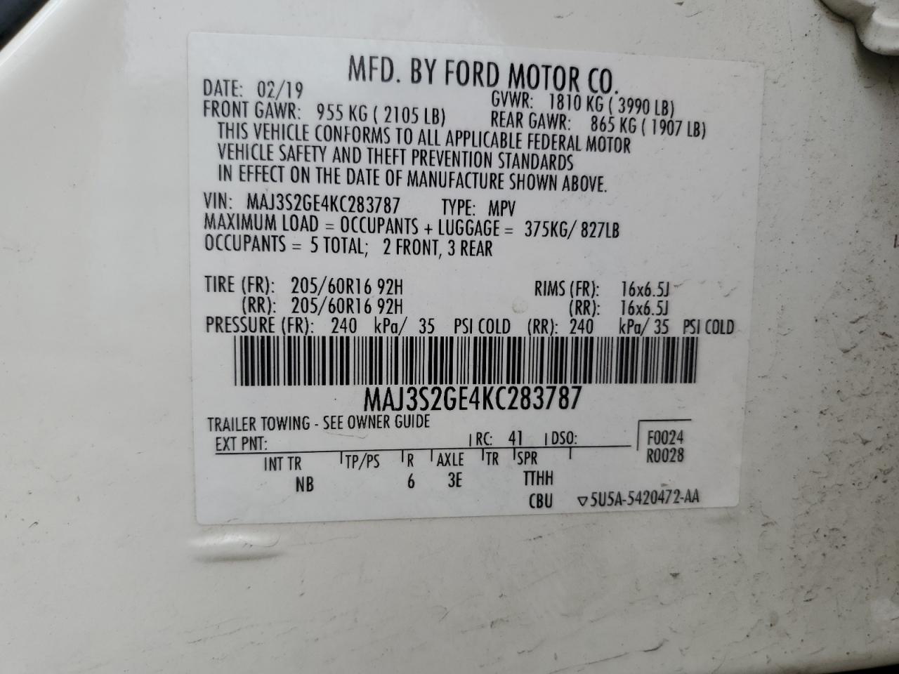 2019 Ford Ecosport Se VIN: MAJ3S2GE4KC283787 Lot: 58649415